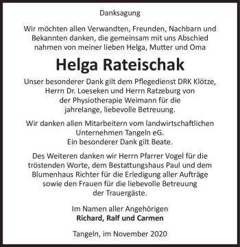 Traueranzeige von Helga Rateischak  von Magdeburger Volksstimme