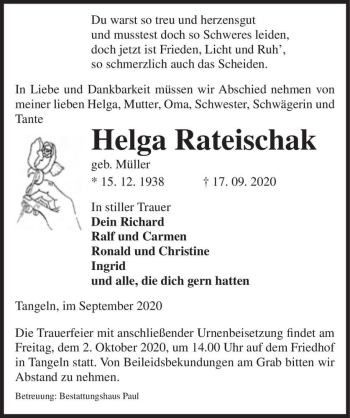 Traueranzeige von Helga Rateischak (geb. Müller)  von Magdeburger Volksstimme