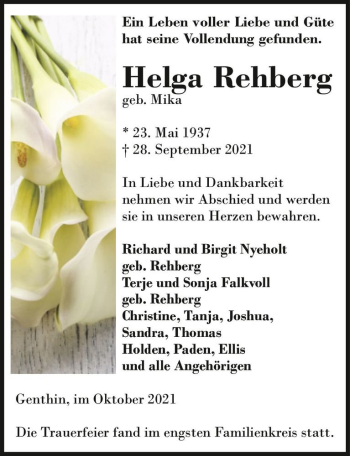 Traueranzeige von Helga Rehberg (geb. Mika)  von Magdeburger Volksstimme