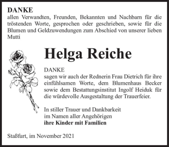 Traueranzeige von Helga Reiche  von Magdeburger Volksstimme