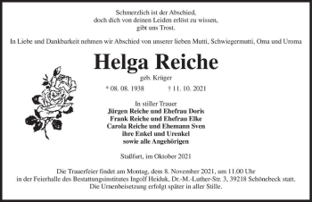 Traueranzeige von Helga Reiche (geb. Krüger)  von Magdeburger Volksstimme