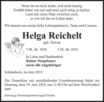 Traueranzeige von Helga Reichelt (geb. Nowak)  von Magdeburger Volksstimme