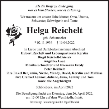 Traueranzeige von Helga Reichelt (geb. Schumacher)  von Magdeburger Volksstimme