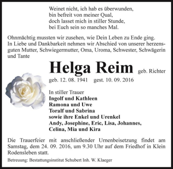 Traueranzeige von Helga Reim (geb. Richter)  von Magdeburger Volksstimme