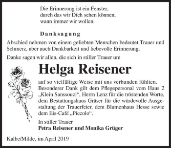 Traueranzeige von Helga Reisener  von Magdeburger Volksstimme
