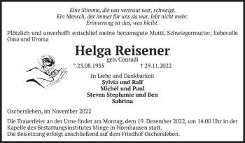 Traueranzeige von Helga Reisener (geb. Conradi)  von Magdeburger Volksstimme