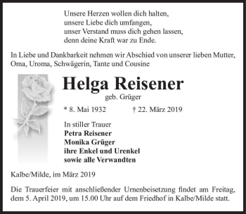 Traueranzeige von Helga Reisener (geb. Grüger)  von Magdeburger Volksstimme