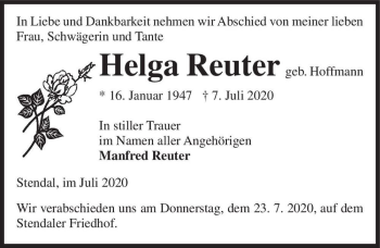 Traueranzeige von Helga Reuter (geb. Hoffmann)  von Magdeburger Volksstimme