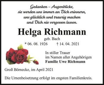 Traueranzeige von Helga Richmann (geb. Bach)  von Magdeburger Volksstimme