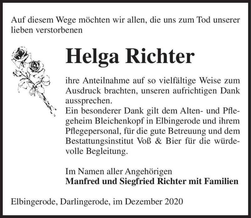  Traueranzeige für Helga Richter  vom 09.01.2021 aus Magdeburger Volksstimme