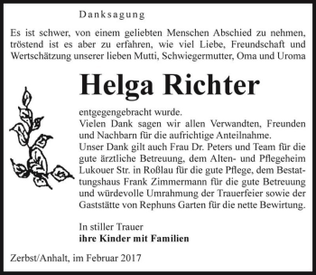Traueranzeige von Helga Richter  von Magdeburger Volksstimme