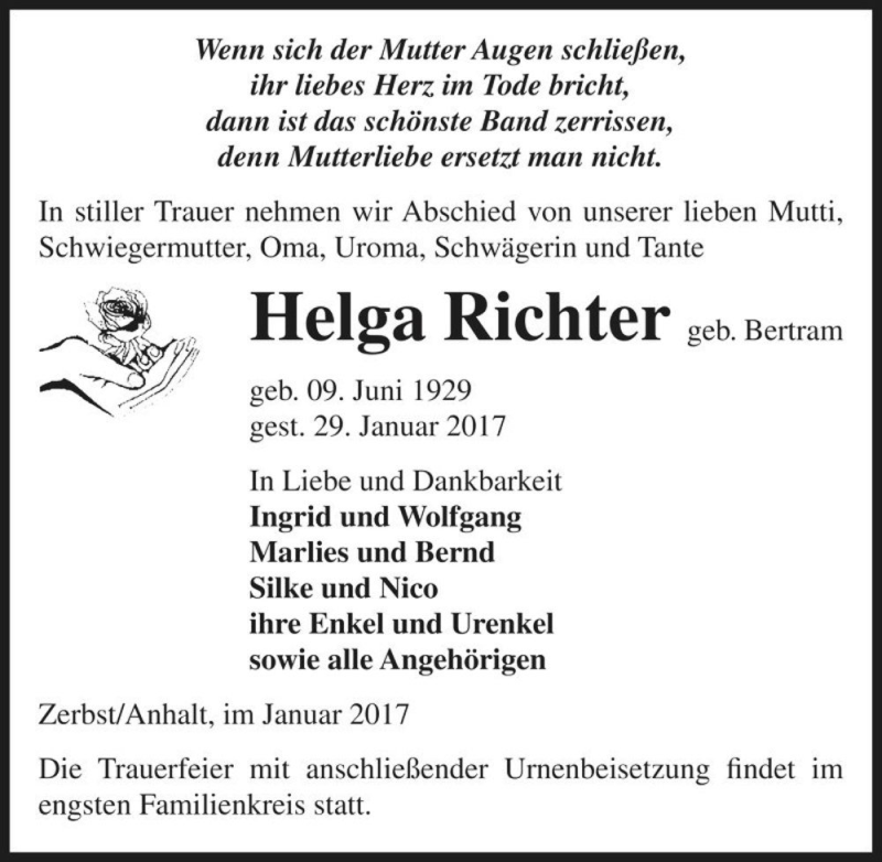  Traueranzeige für Helga Richter (geb. Bertram)  vom 04.02.2017 aus Magdeburger Volksstimme