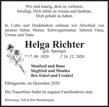 Traueranzeige von Helga Richter (geb. Sprenger)  von Magdeburger Volksstimme
