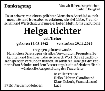Traueranzeige von Helga Richter (geb. Treher)  von Magdeburger Volksstimme
