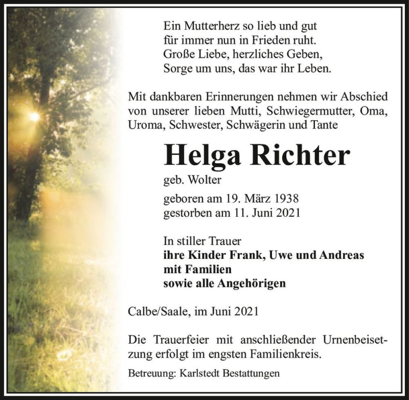  Traueranzeige für Helga Richter (geb. Wolter)  vom 19.06.2021 aus Magdeburger Volksstimme
