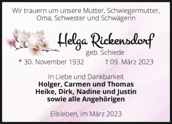 Traueranzeige von Helga Rickensdorf (geb. Schiede)  von Magdeburger Volksstimme
