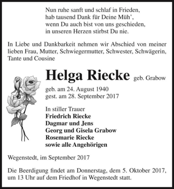 Traueranzeige von Helga Riecke (geb. Grabow)  von Magdeburger Volksstimme
