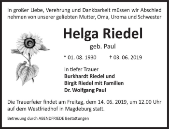 Traueranzeige von Helga Riedel (geb. Paul)  von Magdeburger Volksstimme