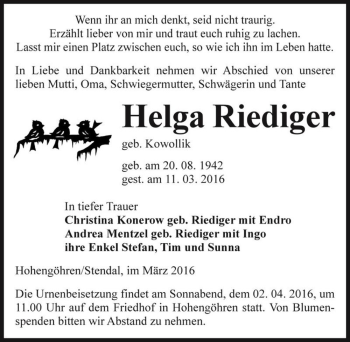 Traueranzeige von Helga Riediger (geb. Kowollik)  von Magdeburger Volksstimme