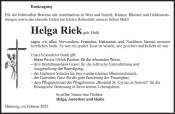 Traueranzeige von Helga Riek (geb. Huth)  von Magdeburger Volksstimme