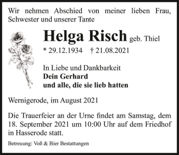 Traueranzeige von Helga Risch (geb. Thiel)  von Magdeburger Volksstimme