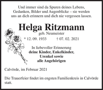 Traueranzeige von Helga Ritzmann (geb. Neumeister)  von Magdeburger Volksstimme