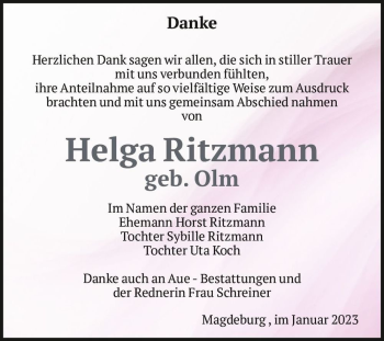 Traueranzeige von Helga Ritzmann (geb. Olm)  von Magdeburger Volksstimme