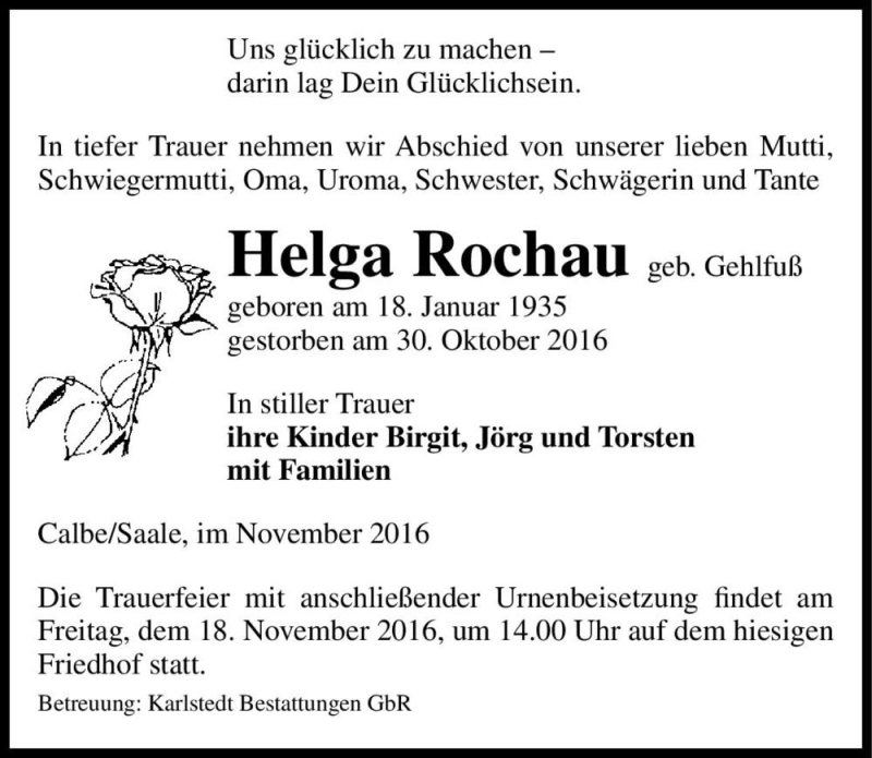  Traueranzeige für Helga Rochau (geb. Gehlfuß)  vom 05.11.2016 aus Magdeburger Volksstimme