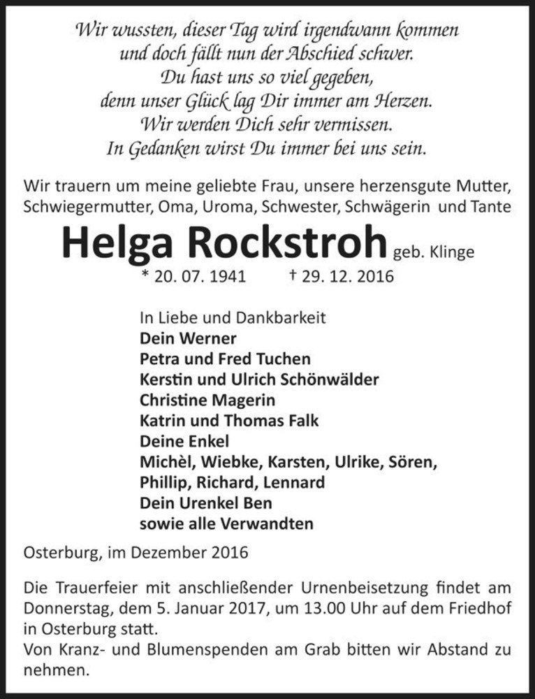  Traueranzeige für Helga Rockstroh (geb. Klinge)  vom 31.12.2016 aus Magdeburger Volksstimme