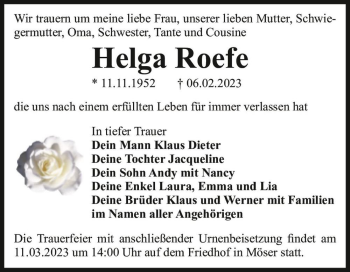 Traueranzeige von Helga Roefe  von Magdeburger Volksstimme