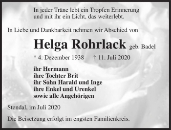 Traueranzeige von Helga Rohrlack (geb. Badel)  von Magdeburger Volksstimme