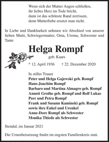 Traueranzeige von Helga Rompf (geb. Kaars)  von Magdeburger Volksstimme