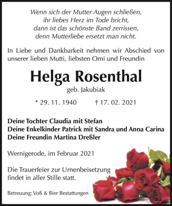 Traueranzeige von Helga Rosenthal (geb. Jakubiak)  von Magdeburger Volksstimme