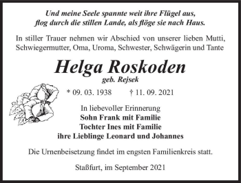 Traueranzeige von Helga Roskoden (geb. Rejsek)  von Magdeburger Volksstimme