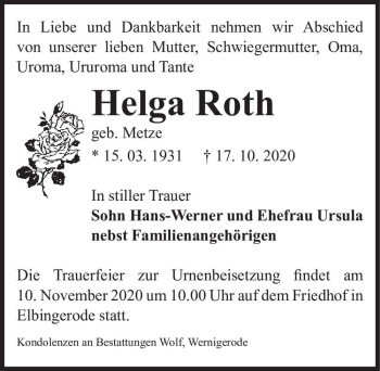 Traueranzeige von Helga Roth (geb. Metze)  von Magdeburger Volksstimme