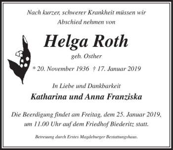 Traueranzeige von Helga Roth (geb. Osther)  von Magdeburger Volksstimme