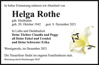 Traueranzeige von Helga Rothe (geb. Heidmann)  von Magdeburger Volksstimme
