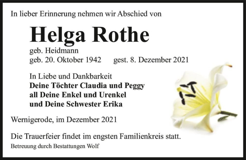  Traueranzeige für Helga Rothe (geb. Heidmann)  vom 18.12.2021 aus Magdeburger Volksstimme
