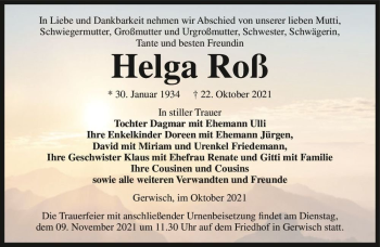 Traueranzeige von Helga Roß  von Magdeburger Volksstimme