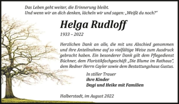 Traueranzeige von Helga Rudloff  von Magdeburger Volksstimme