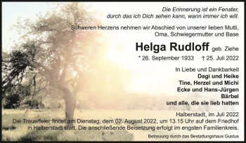 Traueranzeige von Helga Rudloff (geb. Ziehe)  von Magdeburger Volksstimme