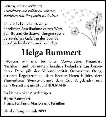 Traueranzeige von Helga Rummert  von Magdeburger Volksstimme