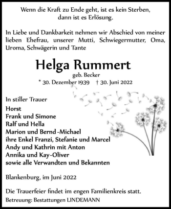 Traueranzeige von Helga Rummert (geb. Becker)  von Magdeburger Volksstimme