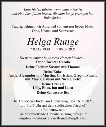 Traueranzeige von Helga Runge  von Magdeburger Volksstimme