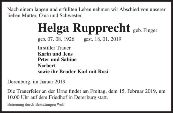 Traueranzeige von Helga Rupprecht (geb. Finger)  von Magdeburger Volksstimme