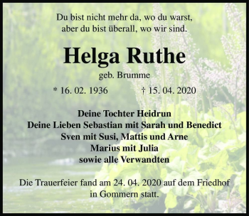 Traueranzeige von Helga Ruthe (geb. Brumme)  von Magdeburger Volksstimme