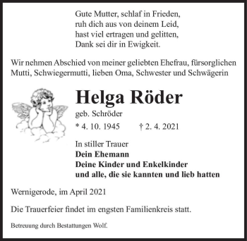 Traueranzeige von Helga Röder (geb. Schröder)  von Magdeburger Volksstimme