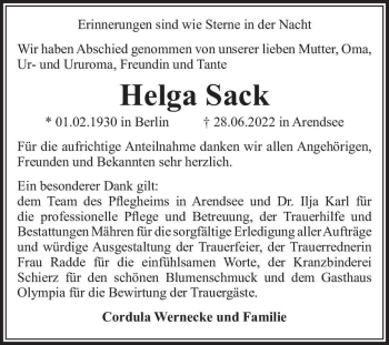 Traueranzeige von Helga Sack  von Magdeburger Volksstimme