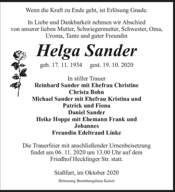 Traueranzeige von Helga Sander  von Magdeburger Volksstimme