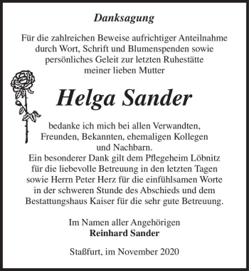 Traueranzeige von Helga Sander  von Magdeburger Volksstimme